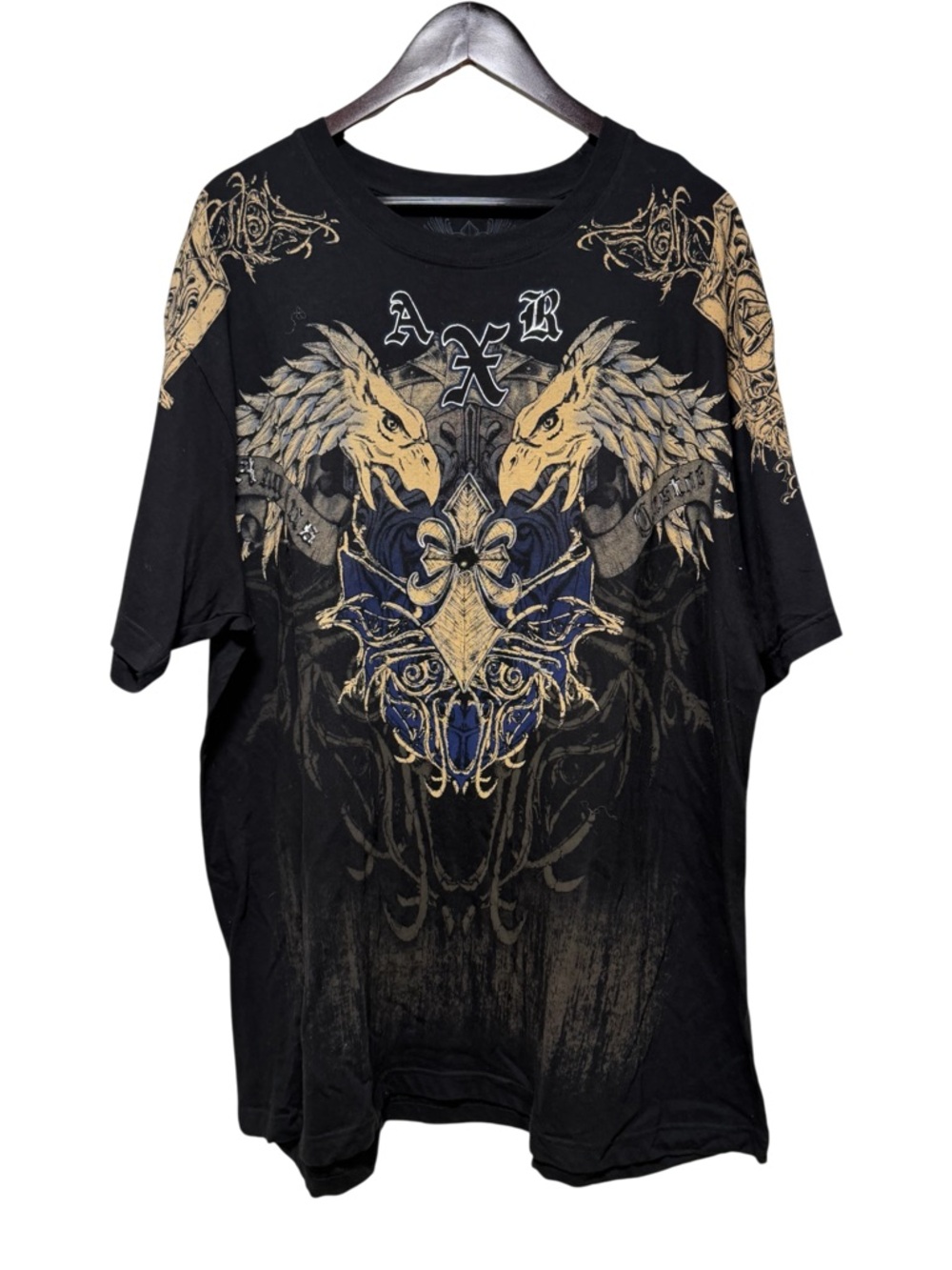 Xzavier Y2K T-Shirt Raised Gold Metallic Winged Design Black Shirt 2XL Cybergoth